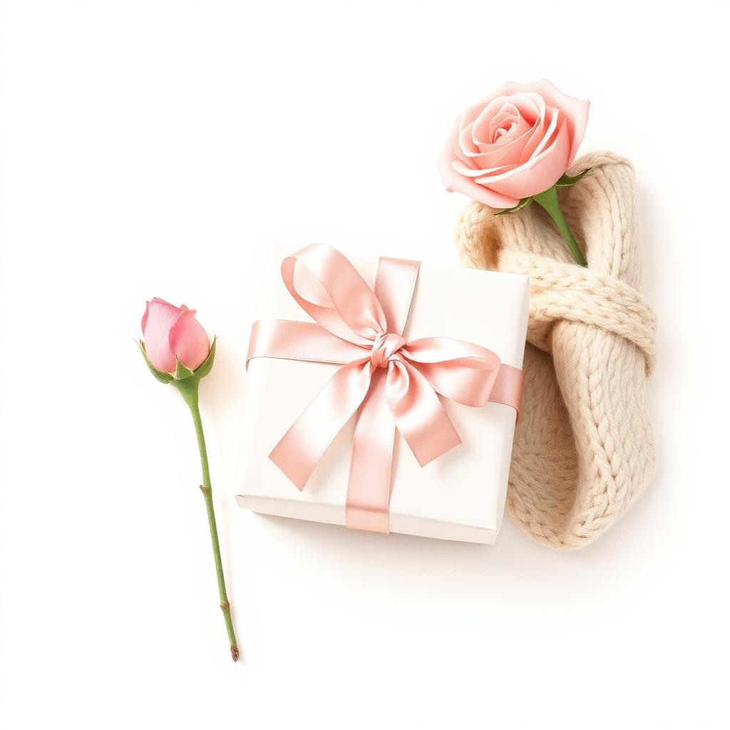 A small wrapped gift with a pink ribbon, a rose, and a knit blanket